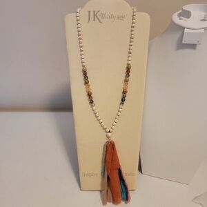 Howlite and Glass Fauceted Bead with Fabric Tassel Pendant Necklace